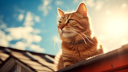 Cute cat on the roof at sunset. Retro style tonedの素材