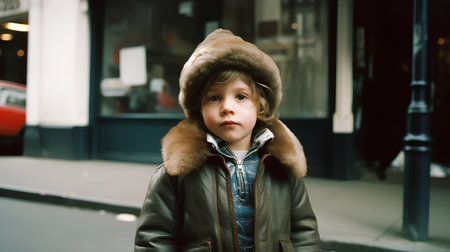 Portrait of a little girl in a fur cap on the streetの素材