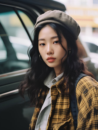 beautiful young asian woman in checkered jacket and beret standing near carの素材