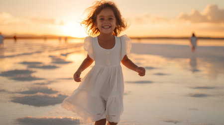Adorable little girl running on a salt lake at sunset. Cute child having fun outdoors.の素材