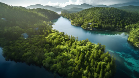 Aerial view of beautiful mountain lake surrounded by forest and blue skyの素材