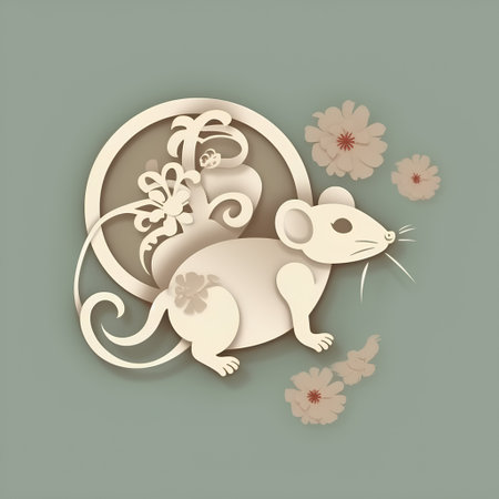 Paper cut rat with flowers. Happy Chinese New Year. Vector illustration.の素材