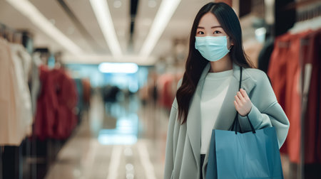 young asian woman wearing protective mask shopping in mall during coronavirus outbreakの素材
