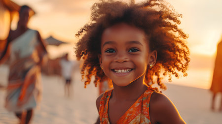 Little african american girl with curly hair smiling on the beach at sunsetの素材