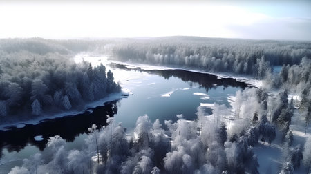 Aerial view of winter forest and river. Beautiful winter landscape.の素材