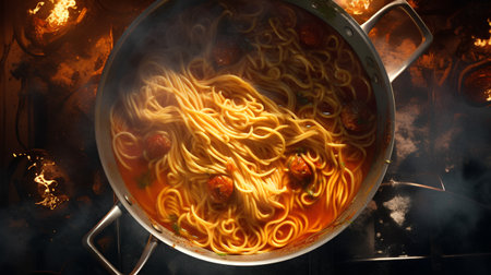 Spaghetti with meatballs in a frying pan on a fire backgroundの素材