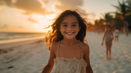 Portrait of a cute little girl on the beach at sunset.の素材