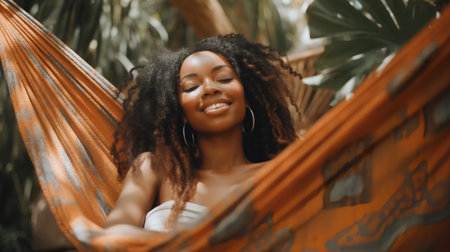 Young african american woman relaxing in hammock in tropical gardenの素材