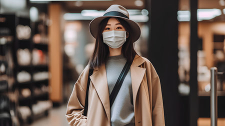 young woman in beige coat, hat and medical mask in shopping mallの素材