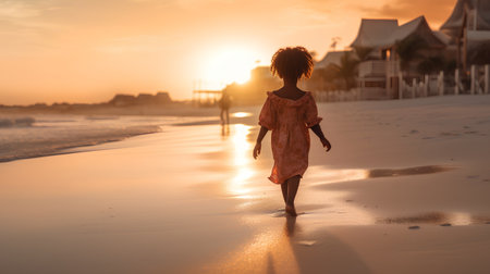 Back view of a young African American woman walking on the beach at sunsetの素材