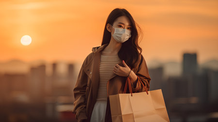 Portrait of asian woman wearing face mask and holding shopping bags with sunset backgroundの素材