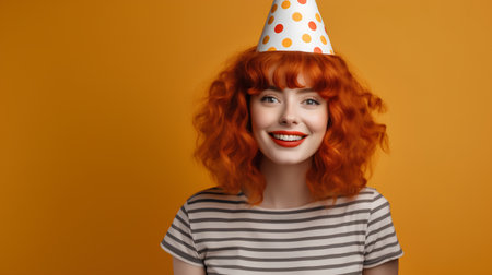 Cheerful young woman with red hair in party hat looking at cameraの素材
