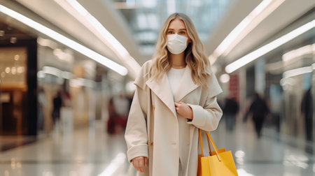 young woman in medical mask with shopping bags at shopping mall during coronavirus outbreakの素材
