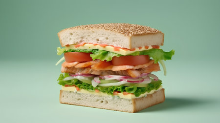 Sandwich with salmon, tomato, onion and lettuce on green backgroundの素材