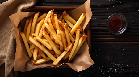 French fries in paper box on wooden rustic background. Top viewの素材