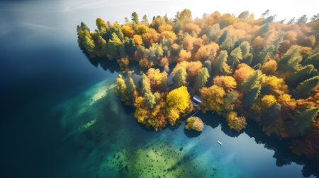 Aerial view of autumn forest on the lake. Nature composition.の素材