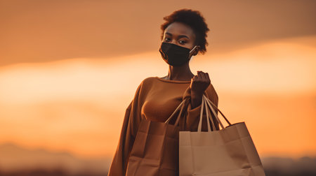 Young african american woman in face mask with shopping bags on sunset backgroundの素材