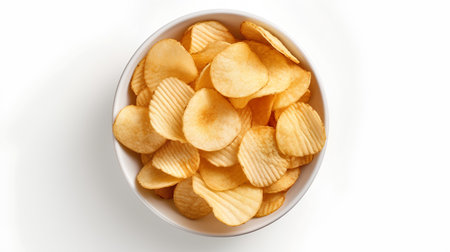 Potato chips in a bowl isolated on white background, top viewの素材