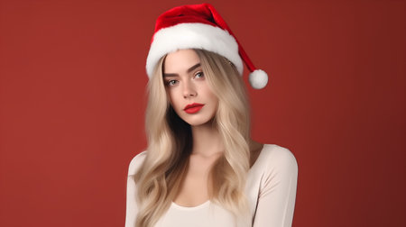 Beautiful young woman in santa hat on color background. Christmas celebrationの素材