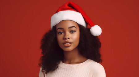 Beautiful african american woman in santa hat on red backgroundの素材