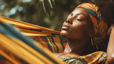 beautiful african american woman in hammock relaxing on natureの素材
