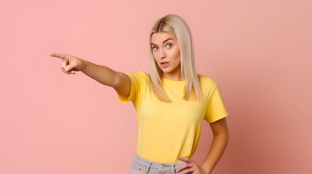 Beautiful young woman pointing finger at copyspace on pink backgroundの素材