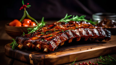 Grilled spare ribs with rosemary and tomatoes on a wooden boardの素材