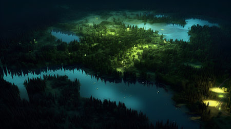Aerial view of a forest lake at night. 3D renderingの素材