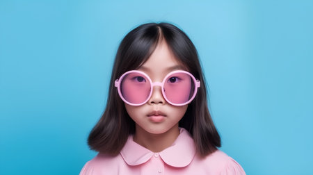 Portrait of a beautiful young asian woman with pink glasses on blue backgroundの素材