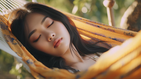 young beautiful asian woman lying in hammock with closed eyes on summer dayの素材
