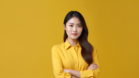 Portrait of a beautiful young asian businesswoman on yellow backgroundの素材