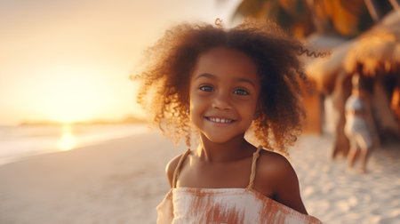 Portrait of cute african american little girl on beach at sunsetの素材