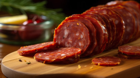 Slices of salami on a wooden board. Selective focus.の素材