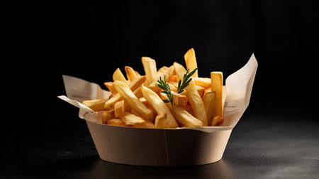French fries in a paper box on a black background. Close-up.の素材