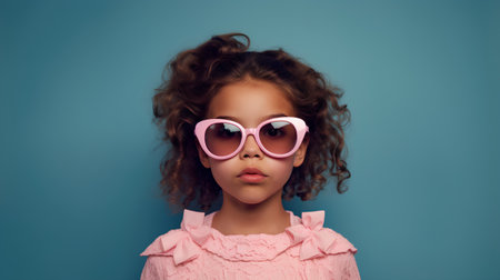Portrait of cute african american little girl with curly hair and pink sunglasses on blue backgroundの素材