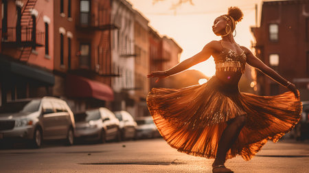 Beautiful african american woman dancing in the street at sunsetの素材