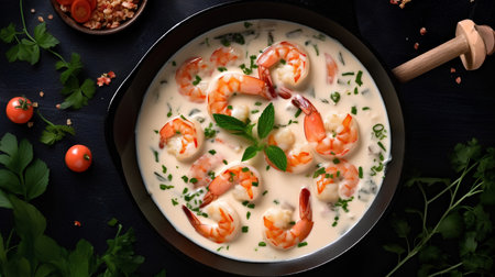 Creamy creamy soup with shrimps on a black backgroundの素材