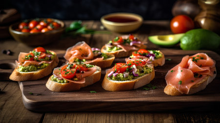 Bruschetta with salmon, avocado and tomatoes on wooden boardの素材