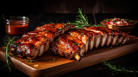 Grilled pork ribs with sauce and rosemary on a wooden boardの素材