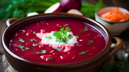 Beetroot soup with sour cream in a bowl on a wooden backgroundの素材