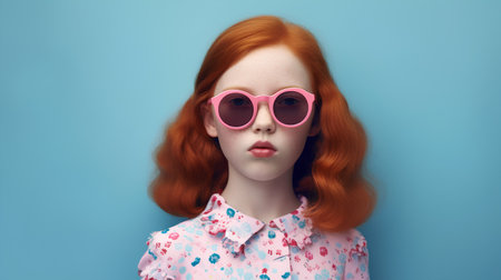 Portrait of a redhead girl in pink sunglasses on a blue backgroundの素材