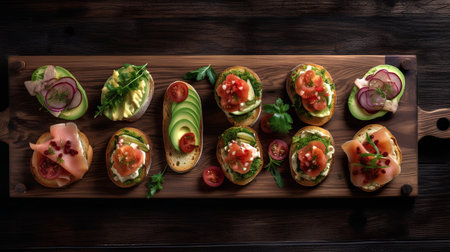 Top view of a variety of bruschetta on a wooden boardの素材