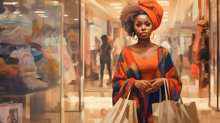Beautiful african american woman with shopping bags in shopping mallの素材