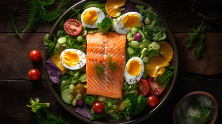 Salmon salad with vegetables and eggs on wooden background. Top viewの素材