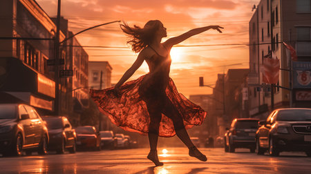 Silhouette of a beautiful young woman dancing in the street at sunsetの素材