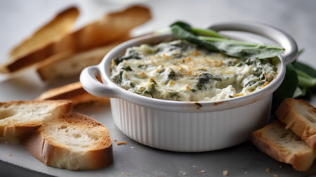 Baked spinach with cheese and croutons on a gray backgroundの素材