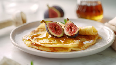 Delicious pancakes with figs and honey on plate, closeupの素材