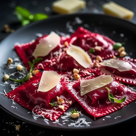 Red ravioli with ricotta cheese and pesto, selective focusの素材