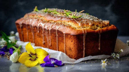 Cake with poppy seeds and flowers on a dark background. Selective focus.の素材
