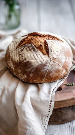 Freshly baked bread on a wooden board. Selective focus.の素材